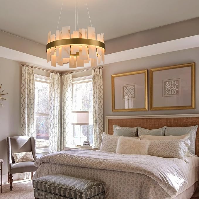 Alabaster Round Chandelier, D24 Inch Natural Spanish Marble Stone Texture Chandeliers, Dimmable Dining Room Chandelier over Table, Modern Luxury Lighting for Living Room, Bedroom, Entryway, Foyer