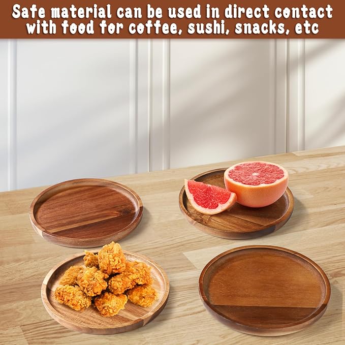 Wooden Acacia Plates of 4, 6Inch Round Wood Plates Acacia Wooden charcuterie boards Serving Tray for Dishes Snack Dessert