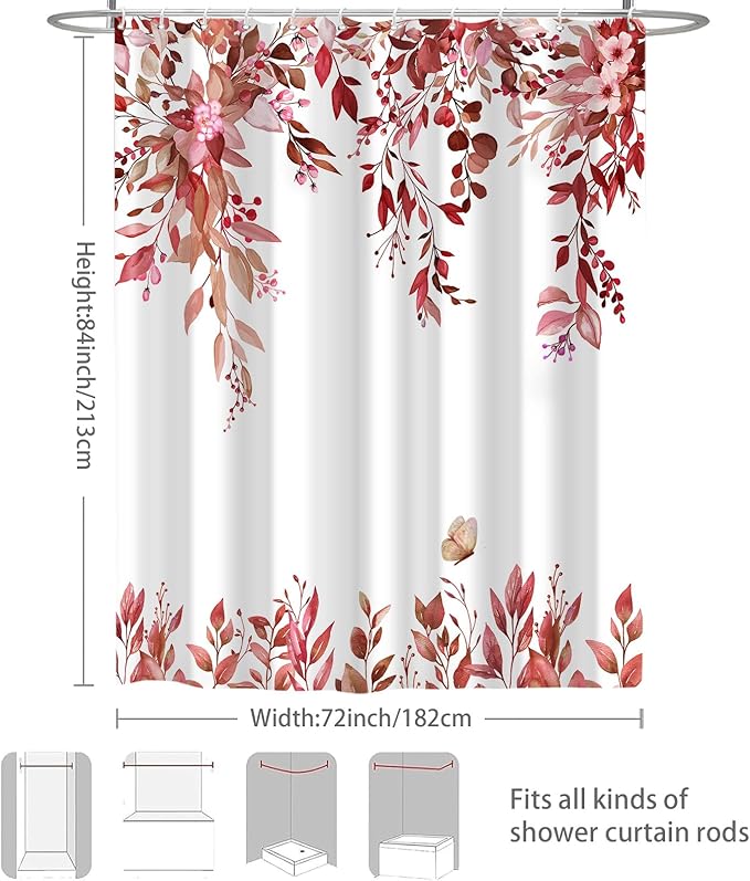 Eucalyptus Shower Curtain, Red Watercolor Leaves with Floral Botanical Bathroom Decor, Waterproof Fabric Bath Curtain Set with Hooks, 72x84 Inches