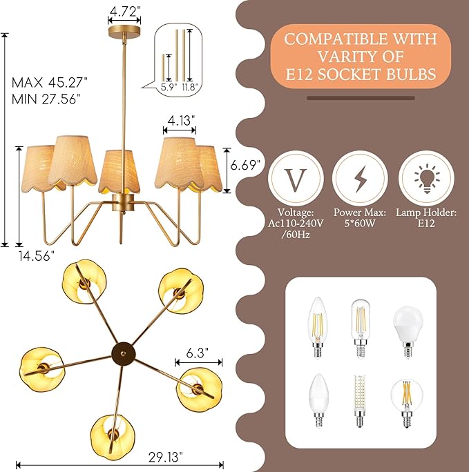 28" Rattan Chandelier, Large Modern Pendant Light Fixtures with Flower Shades Antique Brass Brush Paint Finish for Dining Room, Kitchen Island, Foyer, Living Room 5-Light