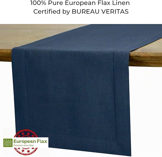 D'Moksha Homes Linen Navy Blue Table Runner 90 Inches Long - Classic Hemstitch 100% Pure Linen Dining Table Runner 14 x 90 Inch for Fall, Autumn and Halloween