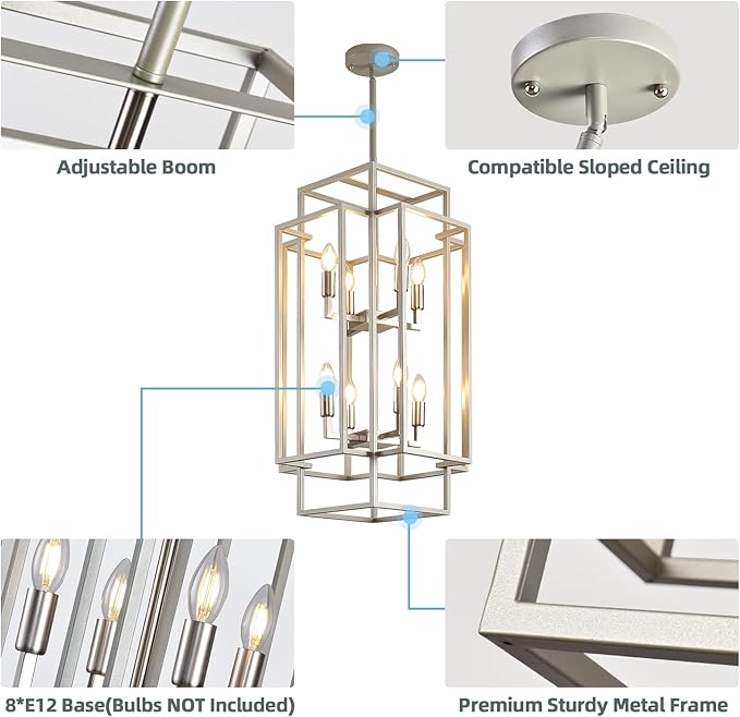 Sliver Foyer Chandelier High Ceiling: Modern 8-Light Farmhouse Lantern Chandeliers for Entryway Industrial Large Pendant Light Fixtures for Entry Staircase Hallway Dining Room Kitchen Island