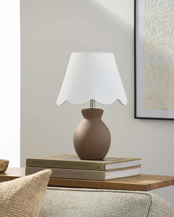 BoutiqueRugs Liliac Boho Ceramic Bedside Table Lamp for Bedroom Nightstand - End Side Lighting for Living Room - Shade Cotton - White, Brown - 15" H