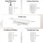 6-Piece Bathroom Accessories Set, Organizer Set with Soap Dispenser, Toothbrush Holder Set, Vanity Tray, Tumbler & 2 Cotton Swab Jars – Modern Stylish Bathroom Storage(Marble White)