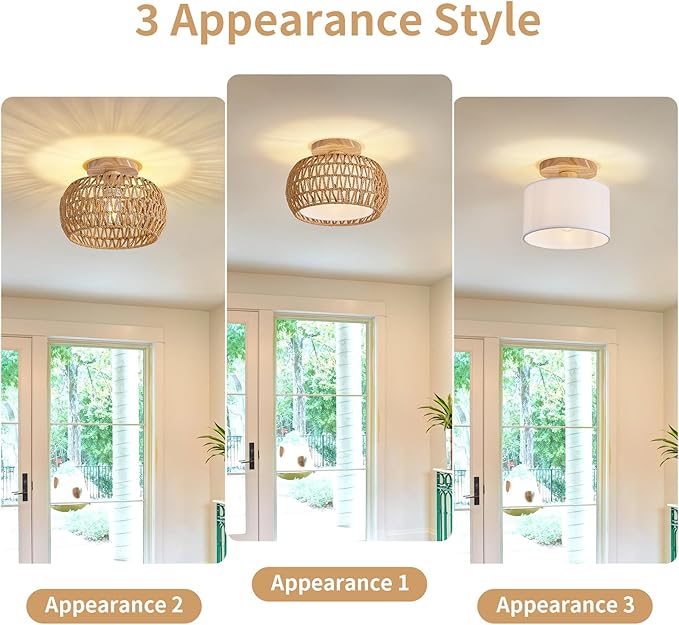 Rattan Ceiling Light Fixture，3 Style Options Boho Flush Mount Ceiling Lights, Hand-Woven Rattan Chandelier,Mini Bohemian Wicker Light Fixtures, Farmhouse Light Fixture for Bedroom Hallway Entryway