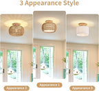 Rattan Ceiling Light Fixture，3 Style Options Boho Flush Mount Ceiling Lights, Hand-Woven Rattan Chandelier,Mini Bohemian Wicker Light Fixtures, Farmhouse Light Fixture for Bedroom Hallway Entryway