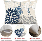 Blue and Gray Floral Pillow Covers 18x18 Set of 2 Outdoor Waterproof White Colored Decorative Throw Pillows Summer Pillowcase Polyester Cushion Case Decor for Couch Patio Funiture Garden Porch 01B18