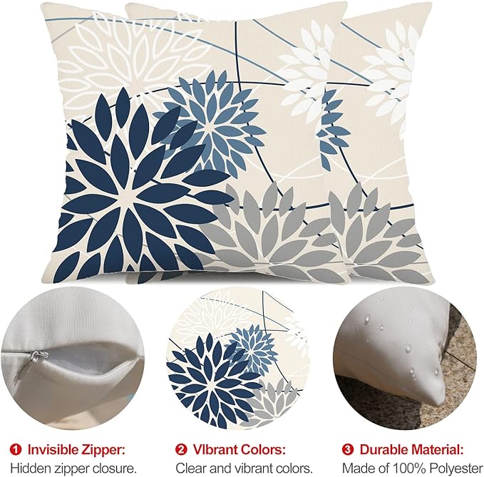 Blue and Gray Floral Pillow Covers 18x18 Set of 2 Outdoor Waterproof White Colored Decorative Throw Pillows Summer Pillowcase Polyester Cushion Case Decor for Couch Patio Funiture Garden Porch 01B18