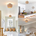Boho Light Fixtures 2-Tone Rattan Ceiling Light Handwoven Drum Lamp Shade Flush Mount Ceiling Light Wooden Canopy Small Chandelier for Hallway Entryway Bedroom Kitchen Nursery Lights