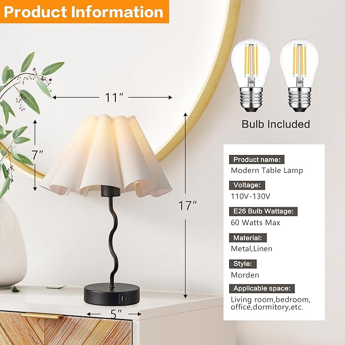 Pleated Table Lamp, Table Lamp for Bedroom, Bedside Lamps for Nightstand with Linen Lampshade, Modern Lamp for Bedroom Home Office Decor, Black