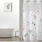 QiyI Stall Floral Shower Curtain with Snap in Liner, Sage Green and Pink Watercolor Cloth Bath Curtains, No Hook Shower Curtains with Mesh Window, Fabric Waterproof Bathroom Curtain Set, 36 x 75 Inch
