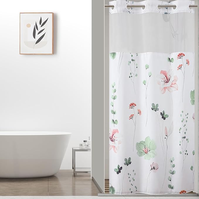 QiyI Stall Floral Shower Curtain with Snap in Liner, Sage Green and Pink Watercolor Cloth Bath Curtains, No Hook Shower Curtains with Mesh Window, Fabric Waterproof Bathroom Curtain Set, 36 x 75 Inch