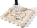 Travertine Decorative Tray, 7.8in Marble Scallop Edge Tray, Square Bathroom Trays for Jewelry Perfume, Vanity, Coffee Table, Beige Stone Trinket Dish for Woman, Dresser Décor Gift