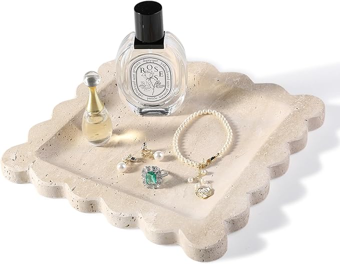 Travertine Decorative Tray, 7.8in Marble Scallop Edge Tray, Square Bathroom Trays for Jewelry Perfume, Vanity, Coffee Table, Beige Stone Trinket Dish for Woman, Dresser Décor Gift