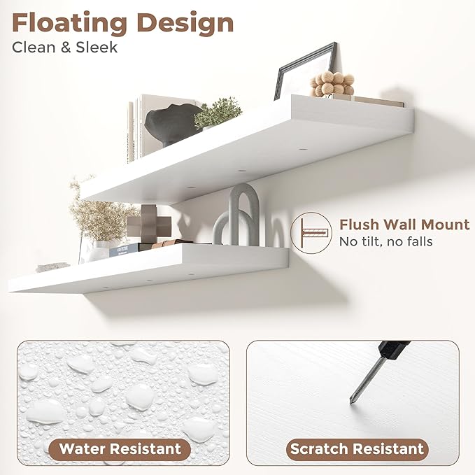 Floating Shelves for Wall with Invisible Brackets, Wall Mounted Engineered Wood Shelves with Wood Grain for Living Room, Bedroom, Bathroom, Kitchen Decor and Storage, Oak, 71"L Set of 2, White