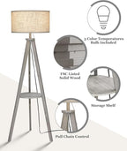 ELYONA Tripod Floor Lamp with 3 Color Temperatures LED Blub, Wood Floor Lamp with Table - Farmhouse Tall Reading Standing Light for Living Room, Bedroom, Office, Study Room, Pull Chain Controls, Grey