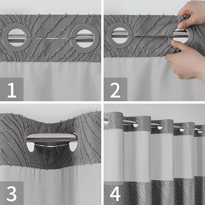 no Hook Shower Curtain and Liner Set，Boho Style with See Through Top Window, Black Fabric Tufted Striped Textured Outer Curtain & Waterproof Inner Liner, Grey/Gray, 71Wx80H