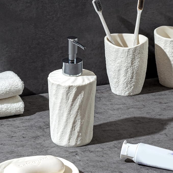 Bathroom Accessories Set, 4 PCS Modern Stone Look Bathroom Accessory Set with Hand Soap Dispenser 11.5 OZ, Tumblers, Toothbrush Holder, Bar Soap Dish Holder Saver (White)