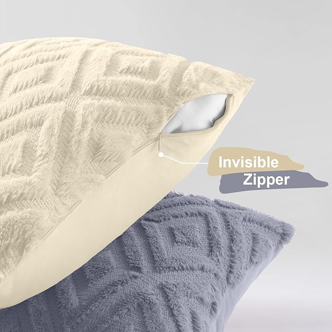 decorUhome Pack of 4 Faux Fur Throw Pillow Covers 16x16, Soft Decorative Couch Pillow Covers with Velvet Back for Modern Sofa Living Room, Grey/Beige