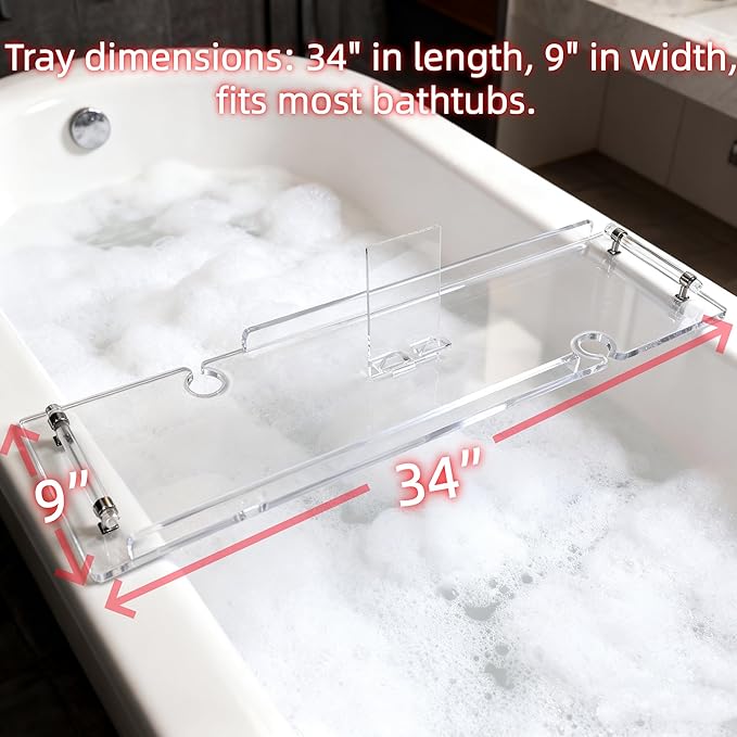 Premium Non-Slip Acrylic Bathtub Tray | Universal Spa Caddy for Tablets, Books & Wine | Fits Most Standard Tubs, Bath Essentials Holder 34”