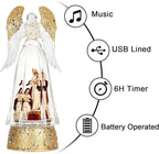 Christmas Snow Globe Lantern Water Glittering Angel & Nativity with Music & Timer, USB Lined/Battery Operated Lighted Lantern for Christmas Festival Decoration Gifts