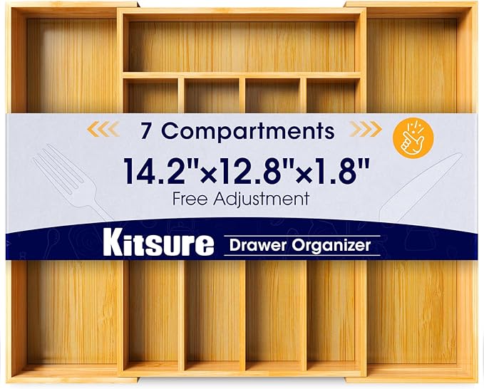 Kitsure Large Bamboo Silverware Organizer - Expandable Drawer Organizer for Utensil, Cutlery and Flatware, Kitchen Storage Solution with 6 to 8 Slots, Natural, 18.7" × 12.8" × 1.8"