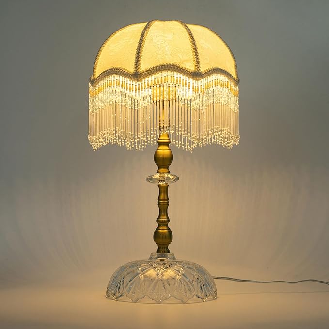 Eapmic Table Lamp,Bedside End Table Lamp Traditional Nightstand Desk Lamp Beaded Tassel Lamp with Shade for Living Bedroom Office(Retro,Style 2)