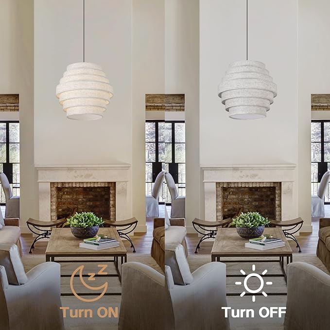 16 Inch Modern Chandelier with Tiered Linen Drum Shade – Hanging Pendant Light Fixture for Dining Room, Kitchen Island, Farmhouse Table, Living Room, Entryway, Ceiling Mount Lamp