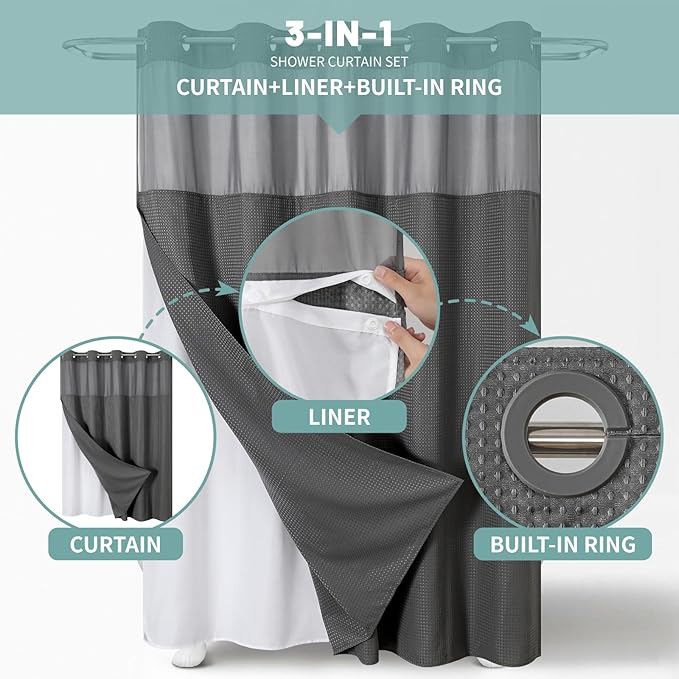 Charcoal Grey No Hook Waffle Weave Shower Curtain with snap-in Liner Replacement, 230GSM Waterproof Fabric Hotel Shower Curtain Set for Bathroom, Through Mesh Top Window,71Wx77H