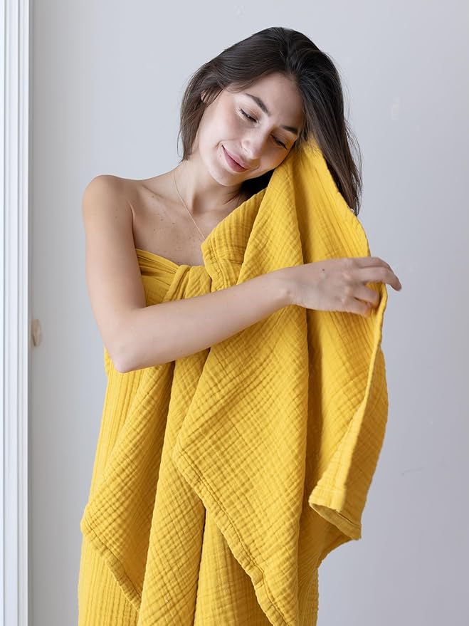 4 Pieces Muslin Towel Set for Bathroom, Luxury 100% Turkish Cotton Thin Soft Quick-Dry Lint-Free Large Size Bath Hand Towel Sets (Mustard, 2 Bath & 2 Hand Towel Set)