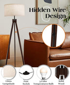 ELYONA Wood Tripod Floor Lamp for Bedroom, 3 Color Temperatures & Linen Shade, Modern Reading Standing Lamp with 9W LED Bulb, Mid Century Night Light for Farmhouse, Living Room, Office, Walnut
