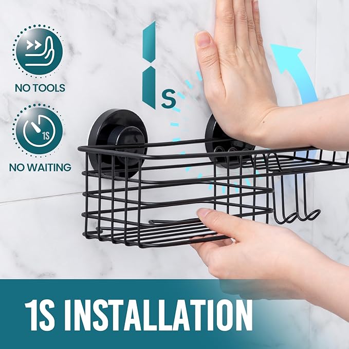 TAILI Shower Caddy Suction Cup with Hooks and Soap Holder, Heavy Duty Bathroom Shower Organizer, No Drilling Bathroom Holder with Large Capacity, Metal Black Storage Basket