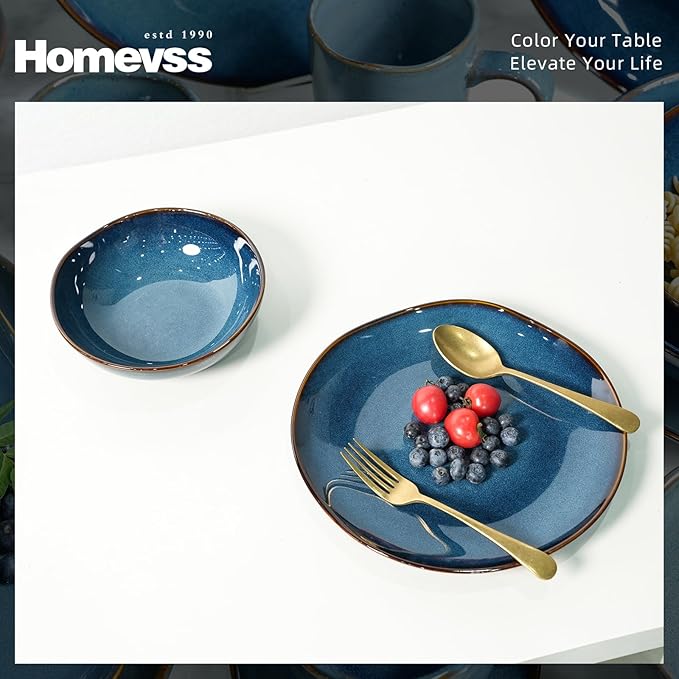 Highland 16pc Dinnerware Set, Unique Organic Shape Double Bowl, Stoneware Plate & Bowl Dish Set Service For 4, Scratch Resistant, Microwave & Dishwasher Safe, Natural Reactive Glaze, Blue