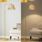 Oneach Arc Floor Lamp for Living Room,Rattan Boho Floor Lamp with Hand-Woven Wicker & Fabric Shade, Foot Switch,Gold Metal Base & Pole,Farmhouse Standing Lamp for Bedroom Corner,Office,Reading