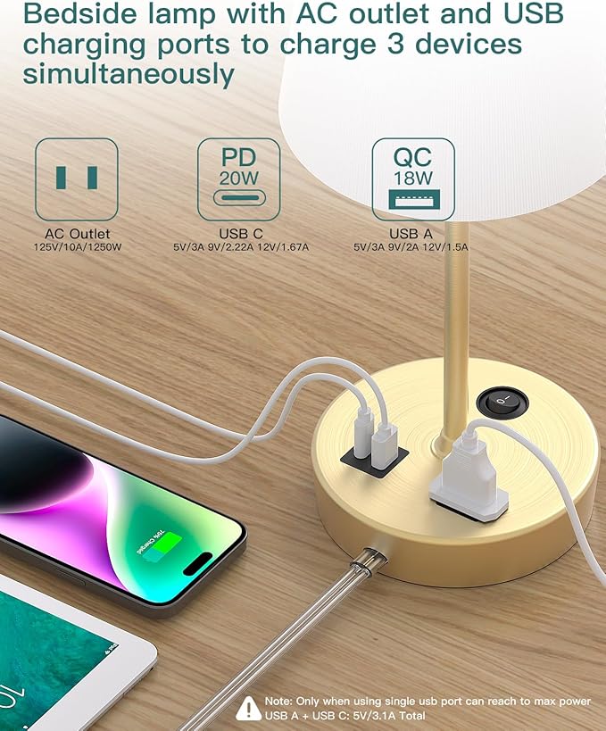 Bedside Table Lamp for Bedroom, 3-Way Dimmable Lamp with AC Outlet and USB C Charging Ports(PD 20W), Lamps with Shade for Night Stands, Living Room, Desk, and Home Office