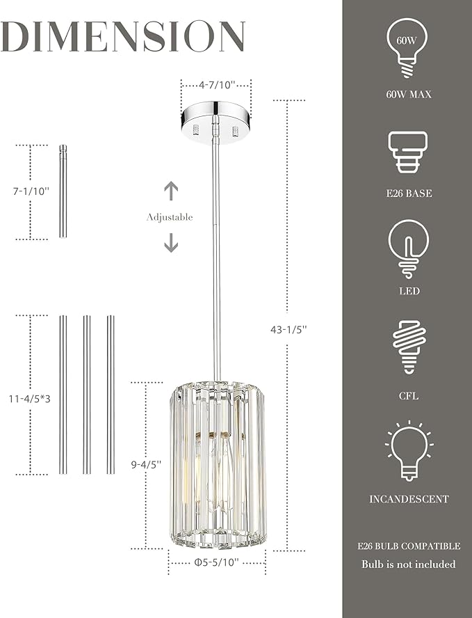 Polished Chrome Crystal Pendant Light, Modern Hanging Light Fixture, Mini Chandelier for Kitchen Dinning Room Bedroom, CKPL5510-1P-PC