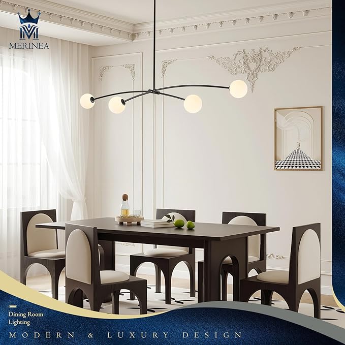 Modern Black Sputnik Chandelier for Dining Room L51” Mid Century Milk Glass Globe Ceiling Pendant Lighting Fixture Contemporary 4 Lights for Kitchen Island Bar Bedroom Home Office