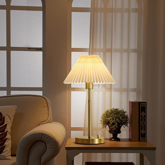 Bedside Table Lamp Set of 2: Dimmable Nightstand Bedside Lamps with USB A and C Ports, Modern Metal and Pleated Fabric Shade Gold Desk Lamp for Home Office Bedroom Living Room Reading