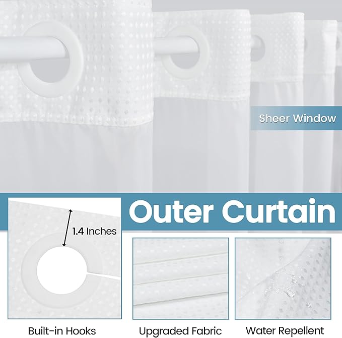 Stall No Hook Shower Curtain with Snap in Liner,230GSM Waffle Weave Shower Curtains for Bathroom,60W x 74H,White