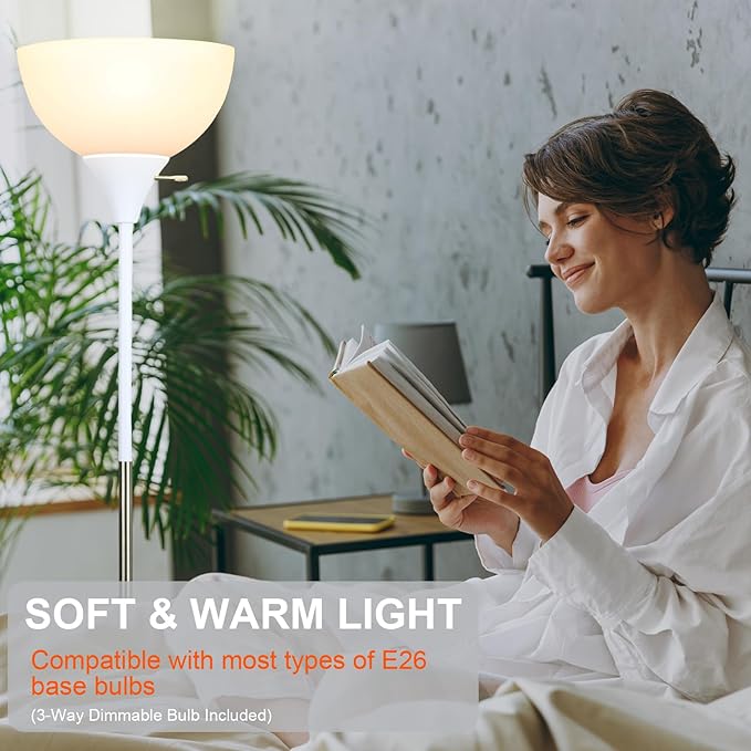 Floor Lamp, LED Standing Lamp 3 Way Dimmable Brightness Floor Lamp Rotary Switch Floor Lamps Modern Industrial Lamp with Shade, Tall Lamps for Living Room Bedroom Office Dining Room (White)