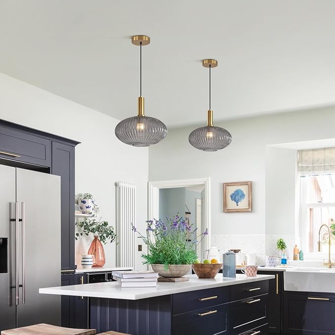 KCO Lighting Mid Century Modern Gold Glass Pendant Lighting Smoke Grey Globe Pendant Lights Kitchen Island Industrial Brass Gold Hanging Ceiling Light Fixture for Dining Room
