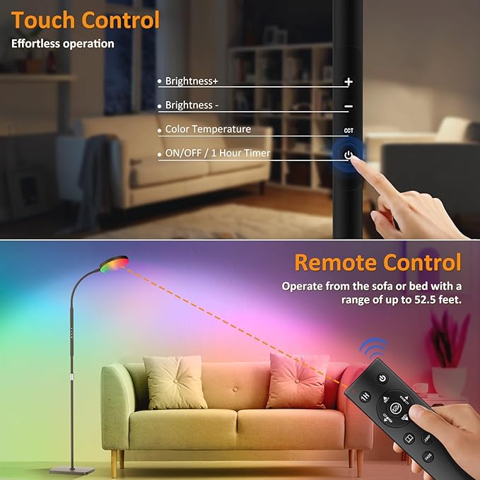 Floor Lamp, Adjustable Height Floor Lamps for Living Room Bedroom, 120 LED Super Bright Standing Lamp Remote Control Dimmable Gooseneck Tall Stand Reading Lamp for Office Craft, Black-RGB