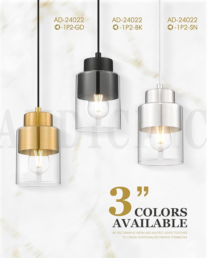 2-Pack Pendant Lights Kitchen Island, Brushed Nickel Dual Shade Hanging Lights Fixtures with Metal and Clear Glass, Kitchen Pendant Lighting Over Island for Dining Room, AD-24022-1P2-SN