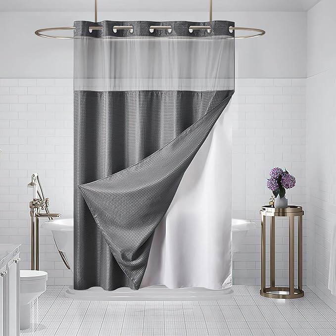 Furlinic Stall Size No Hook Shower Curtain with Snap in Liner,Waffle Weave Heavy Duty Fabric Bathroom Curtains with See Through Top Window,Waterproof & Machine Washable,Dark Grey,48x72 Inch