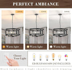 4-Light Farmhouse Chandelier, 20" Black Light Fixture with Glass Shade Modern Drum Lighting Fixtures Ceiling Pendant Lamp for Dining Room Kitchen Island Entrance Foyer Living Room Bedroom