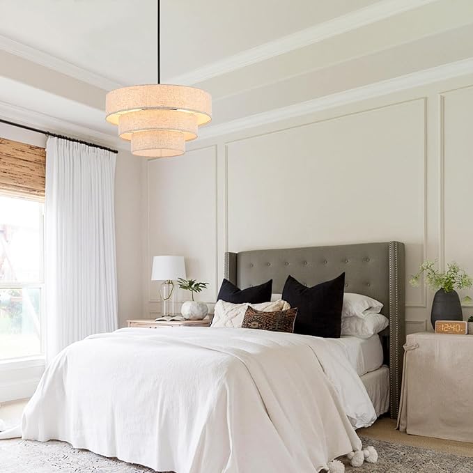 19.7" Black Drum Chandelier 4-Light Vintage Modern Chandelier Light Fixture with Linen Shade Retro Farmhouse Drum Chandeliers for Dining Room, Kitchen Island, Foyer, Entryway Bedroom