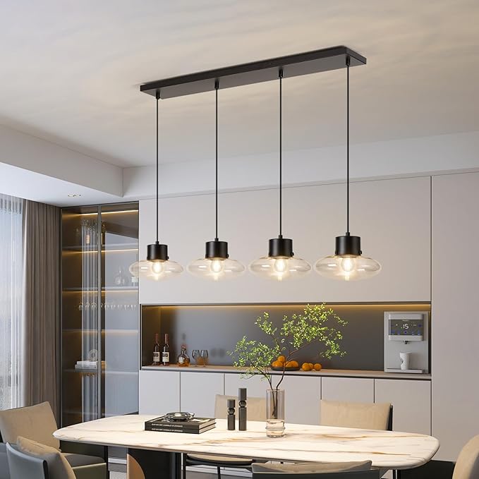 4-Light Kitchen Island Lighting, Black Linear Chandelier Modern Dining Room Light Fixture with Clear Glass, Adjustable Hanging Lighting for Kitchen Dining Room, OS-JJ1513-4CBK