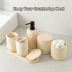 Bathroom Accessories Set, Travertine Stone-Look, 6 PCS Bathroom Accessory Set with Soap Dispenser, Toothbrush Holder, Tumbler, Vanity Tray, Cotton Swab Jars for Countertop (Yellow)