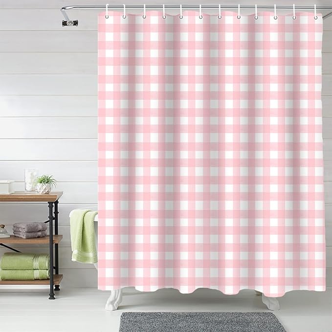 Christmas Shower Curtain, Rustic Pink White Buffalo Check Plaid Pattern Shower Curtains Set with Hooks, Farmhouse Waterproof Fabric Bathroom Curtains Decor Home Accessories, Stall Long 36 X 78 Inch