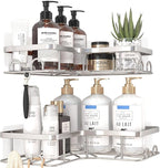 Corner Shower Caddy - 2 Pack, Adhesive Shower Organizers, Rustproof Stainless Steel Shower Shelves with 8 Hooks, No Drilling Bathroom Organizers and Storage Racks, Space-Saving, Silver, Medium
